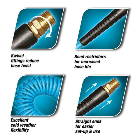 Heavy Duty Polyurethane Coiled Air Compressor Hose 25 Foot Kink Free Flex Rig Sweet For Tight Garage Corners features swivel fittings and bend restrictors.