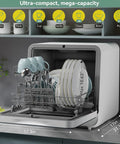 No Sweat Compact Countertop Dishwasher For Apartments Dorms And Rv With Five Place Setting Capacity, silver body with dishes inside.