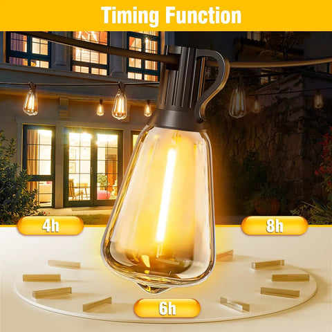 Close-up of LED shatterproof ST38 bulb with timing function, part of 100Ft Solar String Lights Outdoor Waterproof with Remote and Timer.