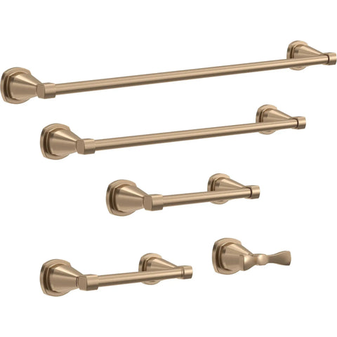 Set of bathroom accessories in champagne bronze finish, including pivoting toilet paper holder wall mount durable corrosion resistant hardware.