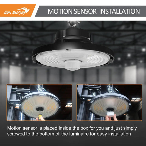 Heavy Duty Led High Bay Lights With Motion Sensor 8 Pack Adjustable Wattage Plug And Play Design Zero Ten V Dimming showcasing motion sensor installation.