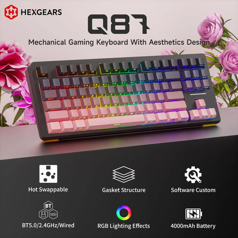 Q87 Tri Mode Wireless Gaming Mechanical Keyboard Serving Bluetooth And Two Point Four Gigahertz Links Fast Hot Swap Switches With Fiery Rgb Backlighting showcasing vibrant RGB lighting and floral background.