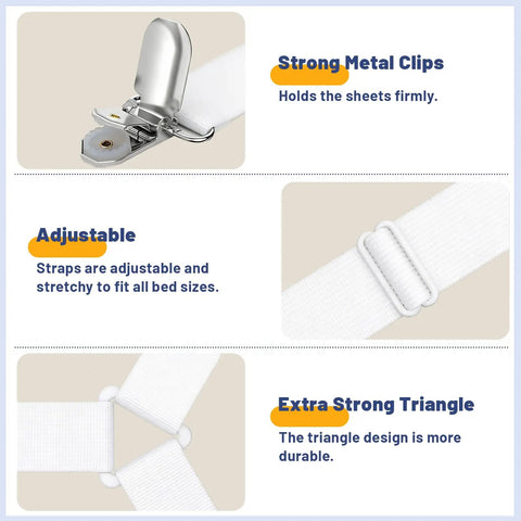 Adjustable Bed Sheet Straps With Elastic Fasteners And Metal Clips Fitted Sheet Corner Holders That Stay Put Firm Tight