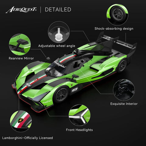 Lamborghini SC63 1 14 Scale Officially Licensed Remote Control Car features green body, detailed interior, and adjustable wheel angle.