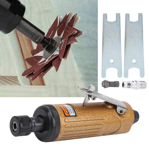 Nuts And Bolts Air Die Grinder Boasting 22000 RPM For Fast Metal Grinding And Precision Polishing with metal accessories and sanding disc.