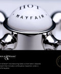 Close-up of Hot Mayfair faucet handle, shiny chrome finish, luxurious design, perfect for classic kitchen upgrades.