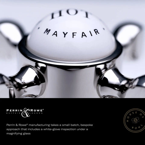Close-up of Hot Mayfair faucet handle, shiny chrome finish, luxurious design, perfect for classic kitchen upgrades.