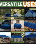 2 Pack 6 By 8 Foot Blue Tarps, 8 Mil Built Tough Waterproof Poly Tarp With Metal Grommets And Reinforced Edges, UV Resistant Outdoor Cover For Rain Camping Yard Work displayed with diverse uses including camping, covering vehicles, and construction.
