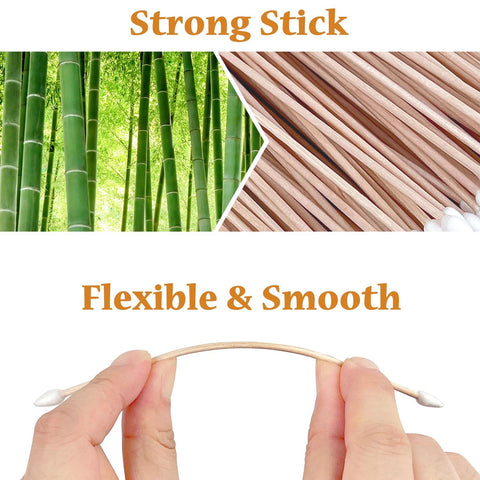 Double-ended cotton swabs with strong bamboo sticks, 6-inch length, shown held by fingers.