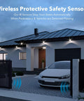 Infrared Gate Opener Sensor Set With Rotatable Lens And Wireless Receiver for outdoor use shown in driveway with car and gates