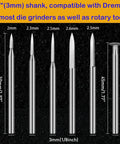 Six Piece 3mm Shank Wood Carving Drill Bit Set For Engraving And Grinding, precision sizes shown, compatible with rotary tools.