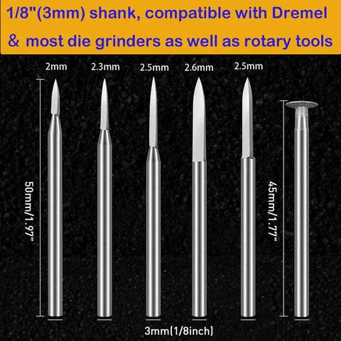 Six Piece 3mm Shank Wood Carving Drill Bit Set For Engraving And Grinding, precision sizes shown, compatible with rotary tools.