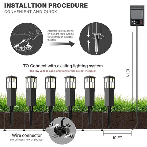 Diagram showing installation of Low Voltage Outdoor Path Lights 8 Pack LED Landscape Lights 12V Warm White 3200K for garden.