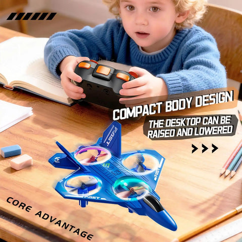 Child using remote control with Upgraded ABS Fighter Jet RC Plane For Kids with Throw To Fly Tech and LED Lights on desk.