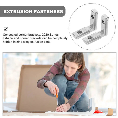 Slick Heavy Duty 2020 Series L Shaped Corner Brackets For Dead Simple Aluminum T Slot Assembly in use with a screwdriver.