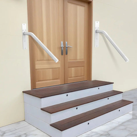 Slick 16 Inch Matte White Stair Handrail Rock Solid Anti Slip Knurled Grip Outdoor Porch Railing mounted beside three steps.