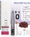 Totally Dope Cordless Nail Drill Kit Featuring Marathon Seven Hour Battery Life And Top Shelf Salon Bits For Effortless Flawless Manicures Whenever You Want, with accessories and charging cable.