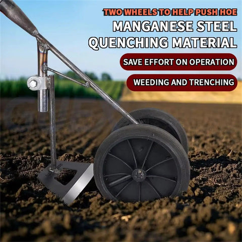 Durable Handheld Garden Tillers 3 In 1 Rotary Cultivator And Wheel Hoe For Digging Weeding And Planting All Purpose Steel Weeder Tool For Easy Backyard Garden Work Handle Not Included showcasing two wheels and steel blade in a garden.