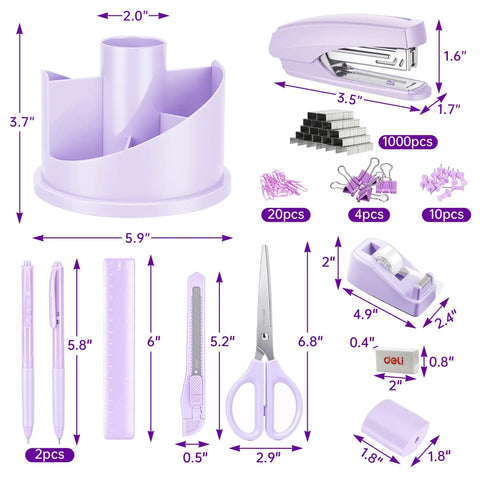 Purple Desk Organizer Set All in One Office Supplies Kit Boss Desk Must Have with Rotating Pen Holder and Stapler displayed