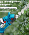 Bad Boy Cordless Grass Shears And 21V Mini Hedge Trimmer Built Heavy Duty With Dual Blades And Hot Swap Batteries For No Sweat Lawn Care And Sharp Hedges Pruning In Bright Red, blue handheld trimmer cutting hedges.