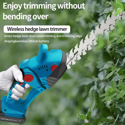 Bad Boy Cordless Grass Shears And 21V Mini Hedge Trimmer Built Heavy Duty With Dual Blades And Hot Swap Batteries For No Sweat Lawn Care And Sharp Hedges Pruning In Bright Red, blue handheld trimmer cutting hedges.