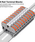 DIN Rail Terminal Blocks Kit With 30 Universal Compact Wire Connectors on a mounted rail, showing numbered markers and wiring setup.