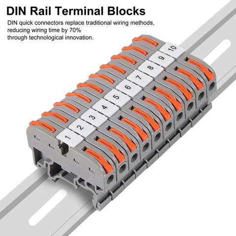 DIN Rail Terminal Blocks Kit With 30 Universal Compact Wire Connectors on a mounted rail, showing numbered markers and wiring setup.