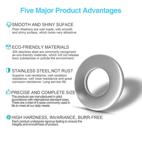 Front view of a shiny stainless steel flat washer; part of an 800-piece 304 stainless washer set (M2–M12).