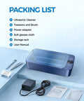 Packing list including Heavy Hitter Ultrasonic Jewelry Cleaner With Triple Frequency Waves For Shiny Chains And Wristwatches Slick 316 Steel Tub.