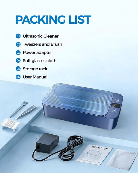 Packing list including Heavy Hitter Ultrasonic Jewelry Cleaner With Triple Frequency Waves For Shiny Chains And Wristwatches Slick 316 Steel Tub.