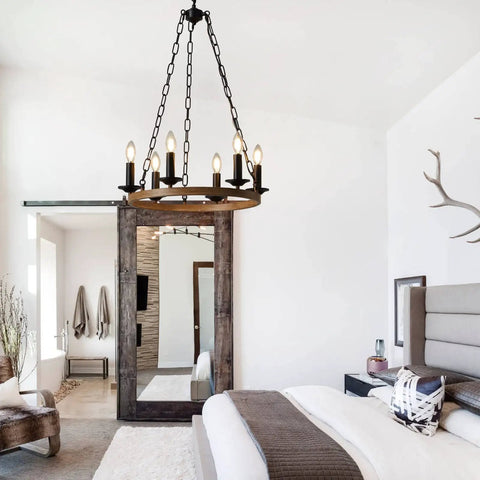 Farmhouse Wagon Wheel Chandelier With 6 Lights Industrial Round Candelabra Pendant Light Fixture in rustic bedroom