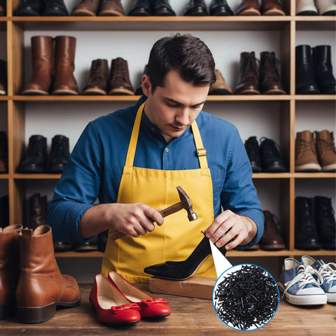 Man repairing shoe with Heavy Steel Upholstery Carpet Tacks Bulk For Furniture Repair And Woodworking Knockout Durability With Blued Rust Resistant Finish Perfect For Stair Runners And Boot Sole Repair Solid As Rock.
