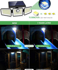 Comparison of Solar Motion Sensor Flood Light 3 Heads With 270 Degree Wide Beam Wireless Outdoor Wall Light IP65 Waterproof For Garden Patio Garage Ultra Bright 252 LED Security Lamp 1200 Lumens 6500K showing brightness levels over time.