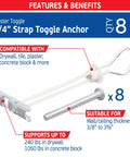 Heavy Duty Master Toggle Bolt Strap Anchors Kit 8 Pack with 8 steel threaded studs, compatible with drywall, tile, and block.