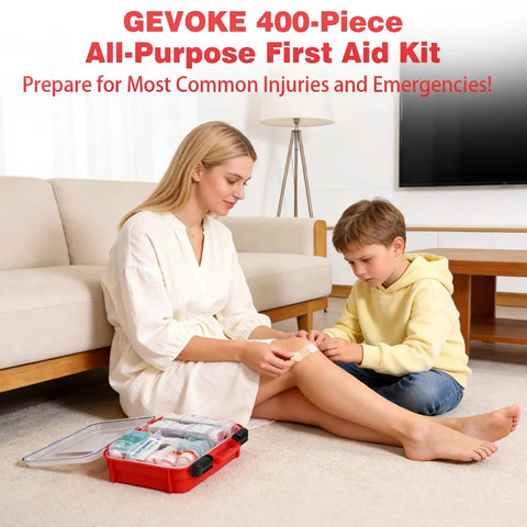 Woman using 400 Piece First Aid Kit With Dual Layer Wall Mount Case for home emergencies with child in living room
