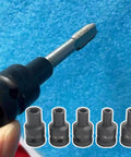 Pro Square Tap Socket Kit 5-Piece Set For M6 To M14 Re-Threading With Chrome Vanadium Steel, Black Phosphate Finish and Pneumatic Adapter For Tight Spots. 5-piece tap socket set with 1/2-inch drive and adapter, shown on blue background