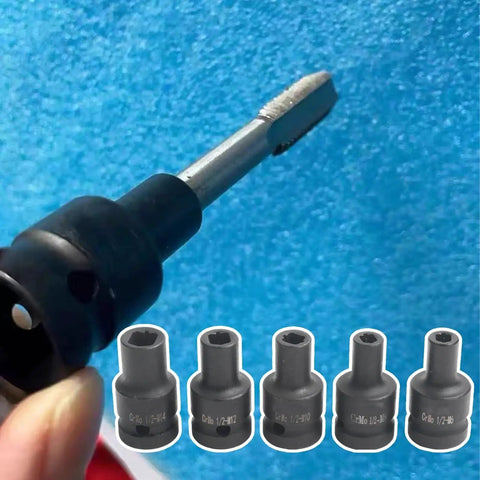 Pro Square Tap Socket Kit 5-Piece Set For M6 To M14 Re-Threading With Chrome Vanadium Steel, Black Phosphate Finish and Pneumatic Adapter For Tight Spots. 5-piece tap socket set with 1/2-inch drive and adapter, shown on blue background