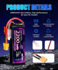 11.1V 3S 2200mAh 50C LiPo Battery Pack with XT60 Plug for FPV Drones Quadcopters and RC Planes, product details displayed
