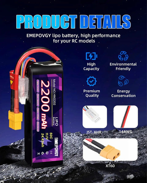 11.1V 3S 2200mAh 50C LiPo Battery Pack with XT60 Plug for FPV Drones Quadcopters and RC Planes, product details displayed