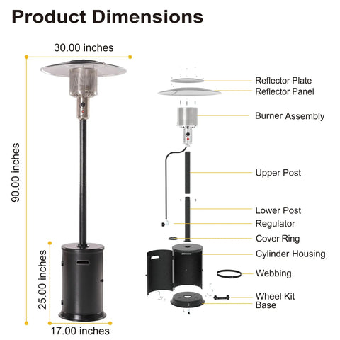 47000 BTU Outdoor Patio Heater With Round Table Design And Wheels Propane Gas Standing Heater dimensions diagram