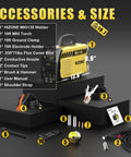 Accessories of HIZONE 3 In 1 MIG Welder With 135 Amps Output, including MIG torch, ground clamp, and flux core wire.