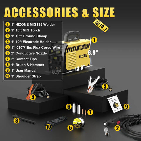 Accessories of HIZONE 3 In 1 MIG Welder With 135 Amps Output, including MIG torch, ground clamp, and flux core wire.
