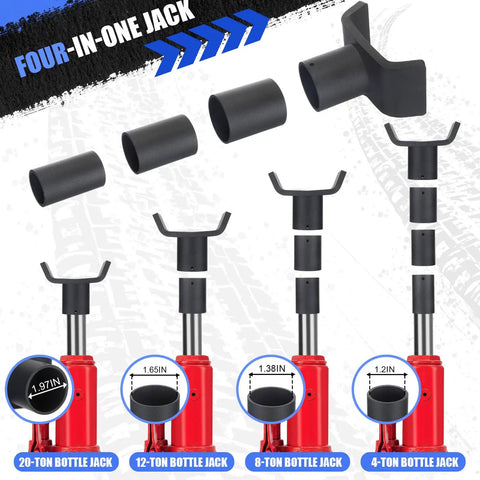 Heavy Duty 4-In-1 Hydraulic Bottle Jack Adapter With Tough As Nails Steel Lifting Saddle For 4 To 20 Tons displayed with size options.