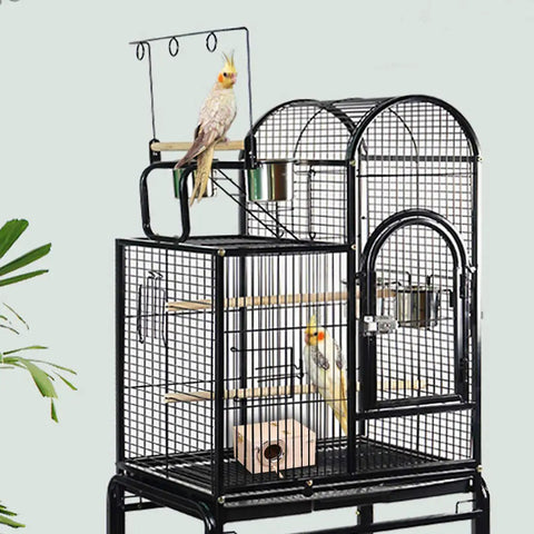 Paulownia Wood Nesting Box For Pet Birds Super Cozy Insulated Breeding Home in a birdcage with budgies and cockatiels.