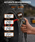 Digital Tire Pressure Gauge With Inflator, Heavy Duty 3 To 250 PSI Range, measuring tire pressure, quick connect coupler visible.