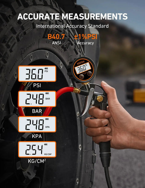 Digital Tire Pressure Gauge With Inflator, Heavy Duty 3 To 250 PSI Range, measuring tire pressure, quick connect coupler visible.