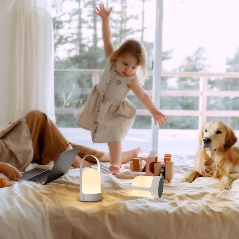All Day 4000mAh Rechargeable LED Lantern Table Lamp With Cordless Power illuminating cozy bedroom scene with child and pet
