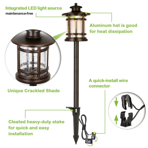 Low Voltage LED Landscape Path Light With Crackled Glass Shade 3.4W 155LM 12V To 15V Wired Outdoor Walkway Light detailed features