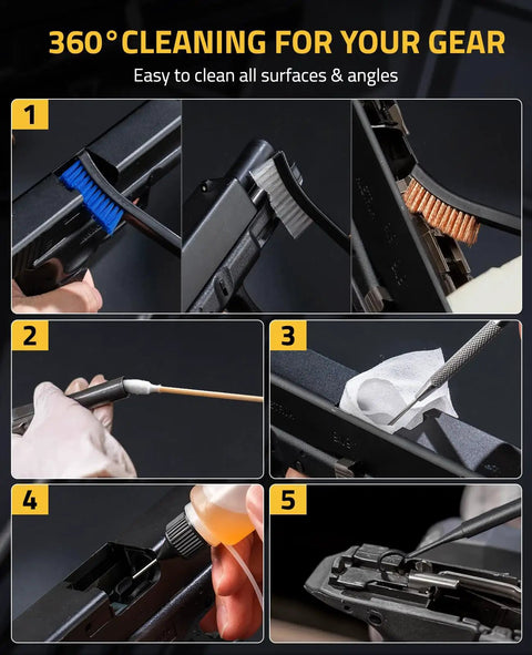 All In One Gun Cleaning Kit With Magnetic Cleaning Mat For Multi Caliber From 9mm To.223 Includes 3 Cleaning Snakes 100 Patches 50 Swabs 3 Brushes 1 Metal Pick And Dual Oil Bottles For Quick Mess Free Cleanup, 5-step gun cleaning close-ups