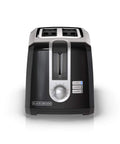 Black two slice toaster with extra wide slots for bagels and thick bread, six browning settings, removable crumb tray, cancel button, 850W power.